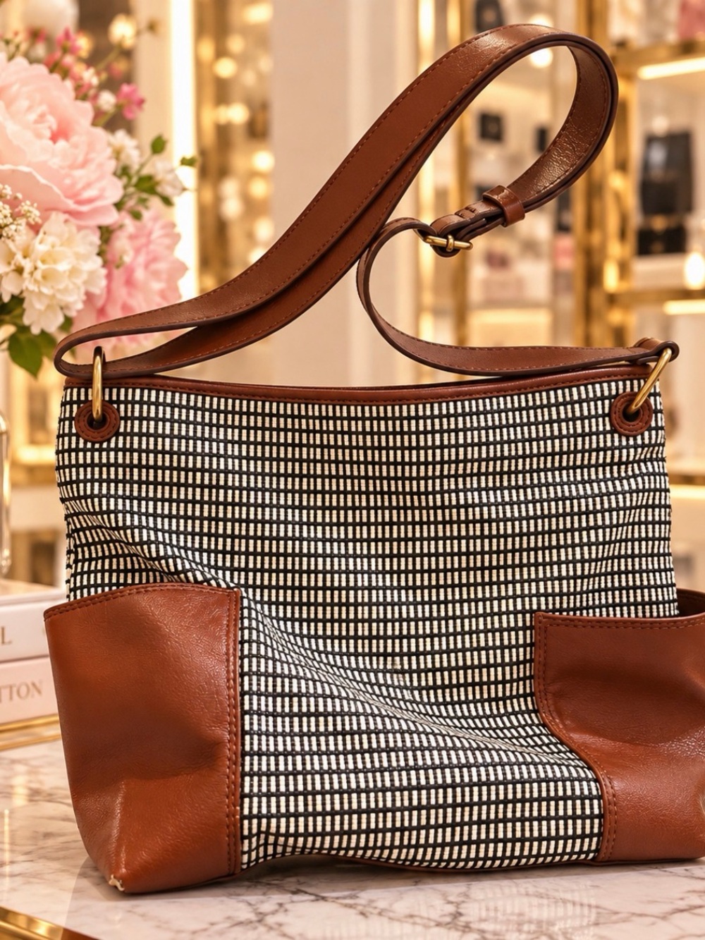 Fossil Brown Leather-Trim Black & White Pattern Shoulder Bag
